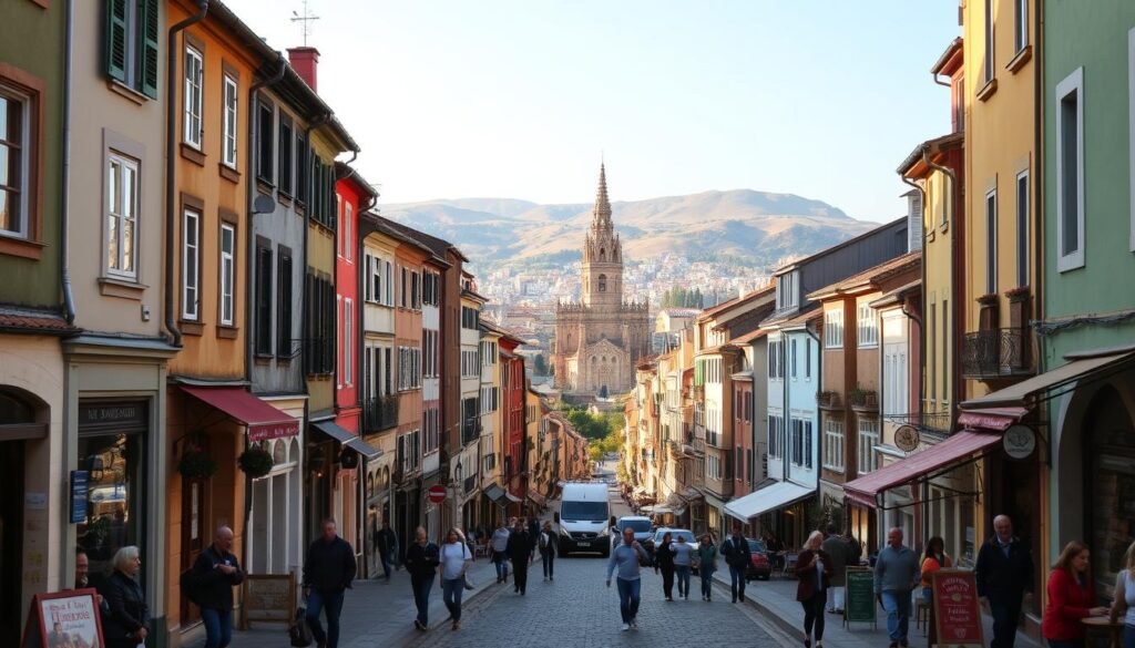 A bustling street in a charming European city, with colorful buildings, cobblestone roads, and locals strolling by. In the foreground, quaint cafes and shops line the sidewalks, their inviting windows and signage catching the eye. In the middle ground, a historic cathedral or town square comes into view, its grand architecture bathed in warm, golden sunlight. In the background, rolling hills or a distant cityscape creates a picturesque backdrop. The scene conveys a sense of timeless European ambiance, where culture, history, and everyday life seamlessly intertwine, all captured through a wide-angle lens that emphasizes the city's welcoming, affordable atmosphere. A bustling street in a charming European city, with colorful buildings, cobblestone roads, and locals strolling by. In the foreground, quaint cafes and shops line the sidewalks, their inviting windows and signage catching the eye. In the middle ground, a historic cathedral or town square comes into view, its grand architecture bathed in warm, golden sunlight. In the background, rolling hills or a distant cityscape creates a picturesque backdrop. The scene conveys a sense of timeless European ambiance, where culture, history, and everyday life seamlessly intertwine, all captured through a wide-angle lens that emphasizes the city's welcoming, affordable atmosphere.