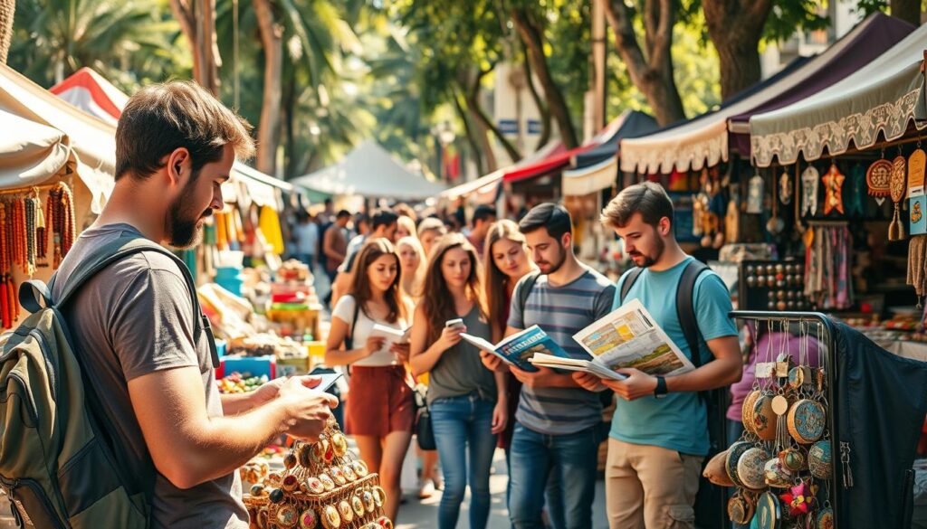 A bustling street market in a vibrant, sun-drenched city, showcasing the eclectic wares of budget-conscious travelers. In the foreground, a backpacker carefully examines handcrafted trinkets, haggling good-naturedly with a local vendor. In the middle ground, a group of young globetrotters compare maps and guidebooks, planning their next adventure. In the background, a colorful array of tents, food stalls, and makeshift shops create a lively, immersive atmosphere. The scene is bathed in warm, golden light, capturing the spirit of exploration and discovery that defines budget travel. A bustling street market in a vibrant, sun-drenched city, showcasing the eclectic wares of budget-conscious travelers. In the foreground, a backpacker carefully examines handcrafted trinkets, haggling good-naturedly with a local vendor. In the middle ground, a group of young globetrotters compare maps and guidebooks, planning their next adventure. In the background, a colorful array of tents, food stalls, and makeshift shops create a lively, immersive atmosphere. The scene is bathed in warm, golden light, capturing the spirit of exploration and discovery that defines budget travel.