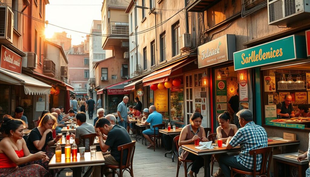 A bustling street scene of hidden local eateries, captured with a wide-angle lens and warm, golden hour lighting. In the foreground, a group of people seated at small, intimate tables, savoring local delicacies and sipping from colorful, traditional beverages. The middle ground reveals the vibrant facades of quaint, family-owned establishments, their signs and decor hinting at the unique culinary experiences within. In the background, a maze of narrow alleyways and towering, weathered buildings create a sense of discovery and exploration, inviting the viewer to venture deeper into this authentic, off-the-beaten-path dining experience. A bustling street scene of hidden local eateries, captured with a wide-angle lens and warm, golden hour lighting. In the foreground, a group of people seated at small, intimate tables, savoring local delicacies and sipping from colorful, traditional beverages. The middle ground reveals the vibrant facades of quaint, family-owned establishments, their signs and decor hinting at the unique culinary experiences within. In the background, a maze of narrow alleyways and towering, weathered buildings create a sense of discovery and exploration, inviting the viewer to venture deeper into this authentic, off-the-beaten-path dining experience.