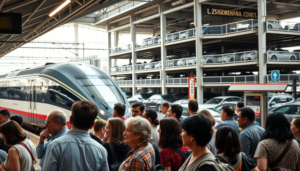 A bustling train station with a modern, high-speed train at the platform, passengers hurriedly boarding. In the foreground, a group of people waiting at a bus stop, diverse in age and ethnicity, their faces filled with anticipation. In the background, a multi-story parking structure, cars lining the levels, a few rideshare vehicles picking up and dropping off passengers. Soft, diffused lighting casts a warm, inviting glow over the scene, conveying a sense of efficiency and accessibility in affordable transportation options. A bustling train station with a modern, high-speed train at the platform, passengers hurriedly boarding. In the foreground, a group of people waiting at a bus stop, diverse in age and ethnicity, their faces filled with anticipation. In the background, a multi-story parking structure, cars lining the levels, a few rideshare vehicles picking up and dropping off passengers. Soft, diffused lighting casts a warm, inviting glow over the scene, conveying a sense of efficiency and accessibility in affordable transportation options.
