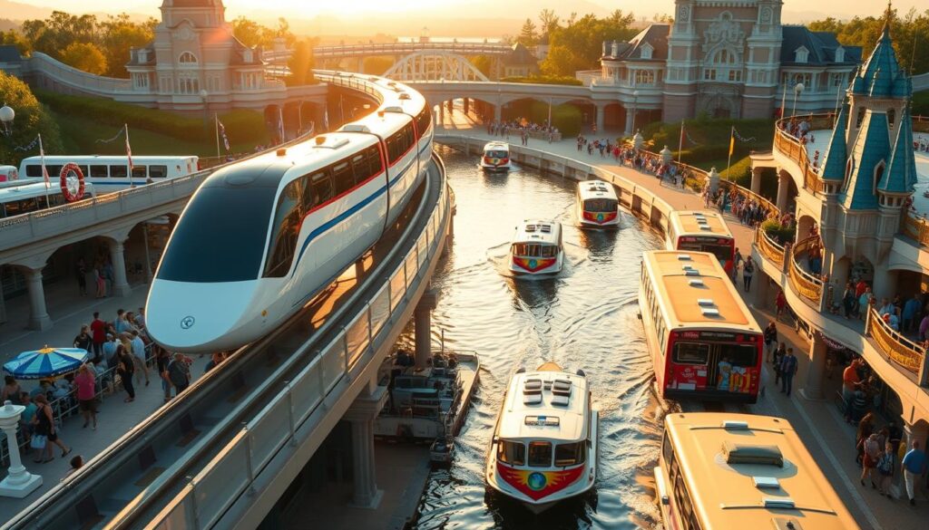 A bustling transportation hub at Disney World, with monorails gliding gracefully across the sky, complemented by vibrant color-coded buses and boats gently sailing along waterways. The scene is bathed in warm, golden sunlight, creating a welcoming and magical atmosphere. Guests navigate the network with ease, their excitement palpable as they move from one enchanting destination to the next. The layout is intuitive, with clear signage and well-designed pathways, ensuring a seamless and enjoyable journey for families. Attention to detail is evident, with whimsical Disney theming woven throughout the infrastructure, making the transportation experience an integral part of the magical Disney World adventure.