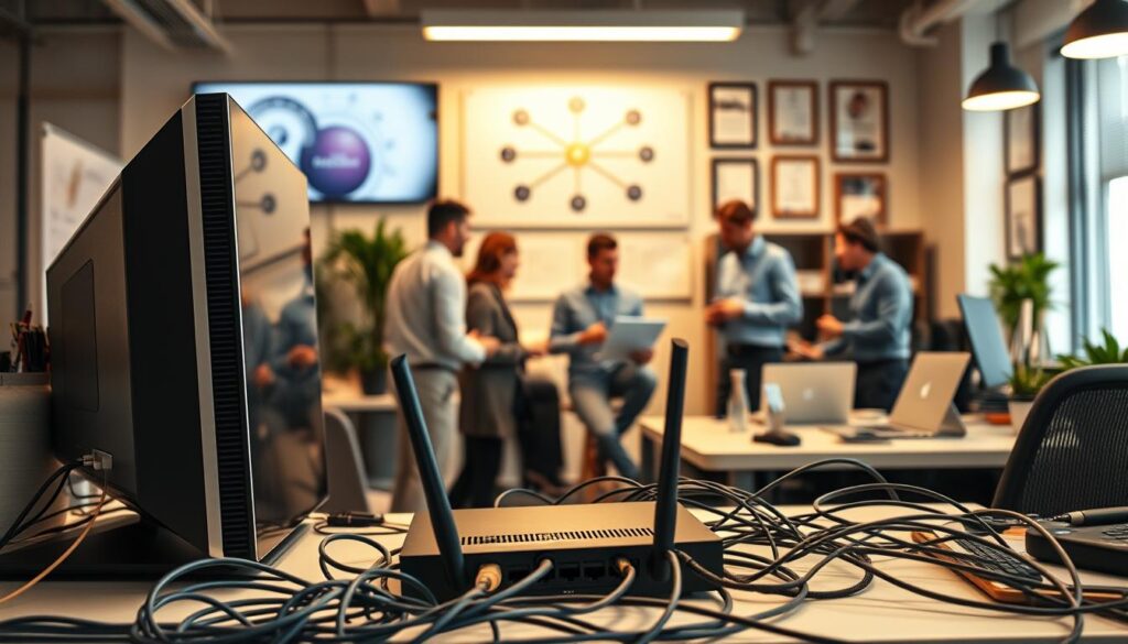A bustling, well-lit office setting with a focus on various networking devices and strategies. In the foreground, a sleek desktop computer, a modern router, and a tangle of ethernet cables, conveying the technical aspects of networking. In the middle ground, people engaged in conversation, laptops open, gesturing towards each other, representing the interpersonal nature of networking. In the background, a wall-mounted display showing a network diagram, along with framed certificates and awards, suggesting a professional, well-established environment. The lighting is warm and inviting, creating a sense of productivity and collaboration. A bustling, well-lit office setting with a focus on various networking devices and strategies. In the foreground, a sleek desktop computer, a modern router, and a tangle of ethernet cables, conveying the technical aspects of networking. In the middle ground, people engaged in conversation, laptops open, gesturing towards each other, representing the interpersonal nature of networking. In the background, a wall-mounted display showing a network diagram, along with framed certificates and awards, suggesting a professional, well-established environment. The lighting is warm and inviting, creating a sense of productivity and collaboration.