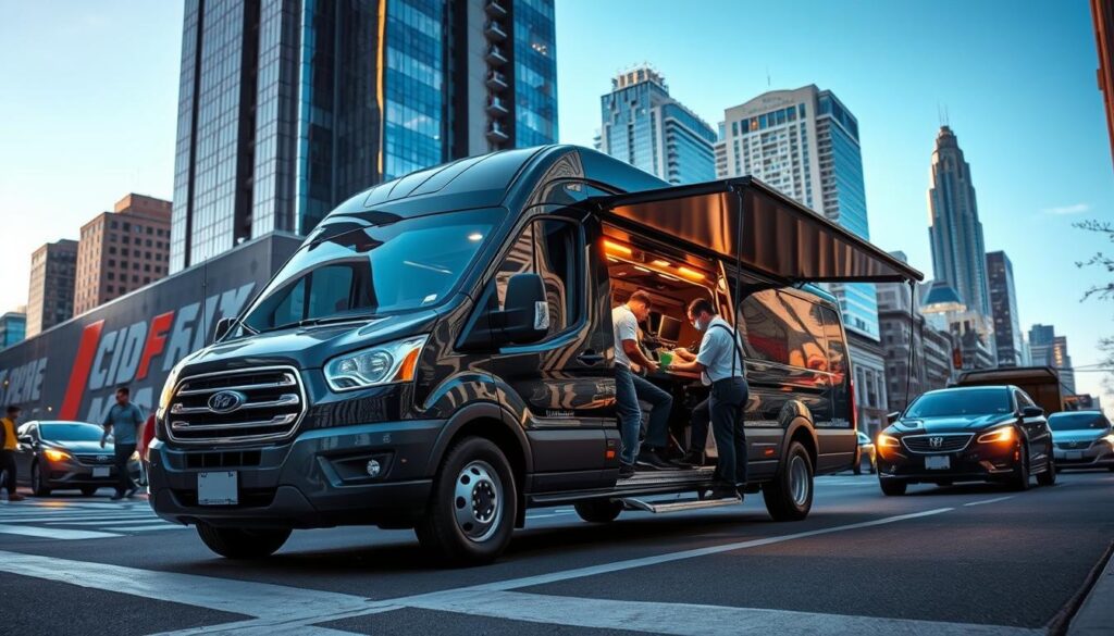 A busy mobile auto detailing service, set against a backdrop of a bustling city street. In the foreground, a state-of-the-art mobile detailing van with a sleek, modern design, its crew diligently attending to a customer's vehicle. Vibrant lighting illuminates the scene, casting a warm glow over the chrome accents and glossy paint. In the middle ground, passersby and other vehicles add a sense of energy and movement, while in the background, tall skyscrapers and a clear, blue sky convey an urban, professional atmosphere. The overall impression is one of efficiency, innovation, and a commitment to delivering exceptional automotive care on the go.