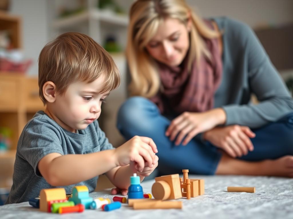 A child solving a problem independently while a parent watches supportively nearby, showing the balance between guidance and autonomy A child solving a problem independently while a parent watches supportively nearby, showing the balance between guidance and autonomy