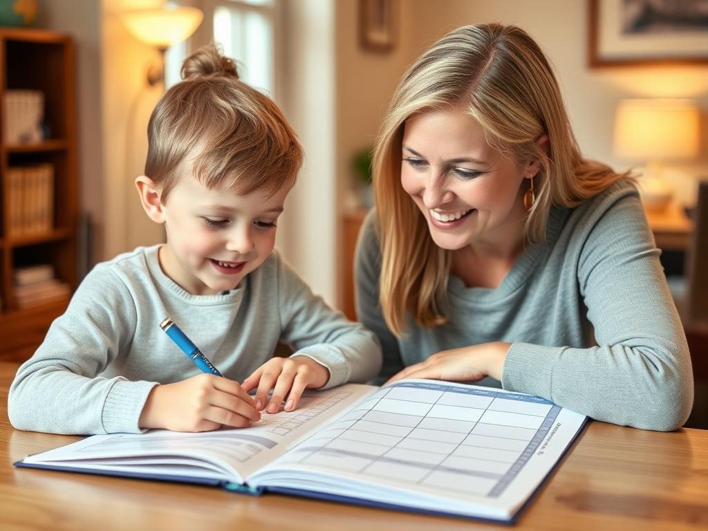 A child using a growth mindset chart with a parent, tracking progress on learning a new skill A child using a growth mindset chart with a parent, tracking progress on learning a new skill