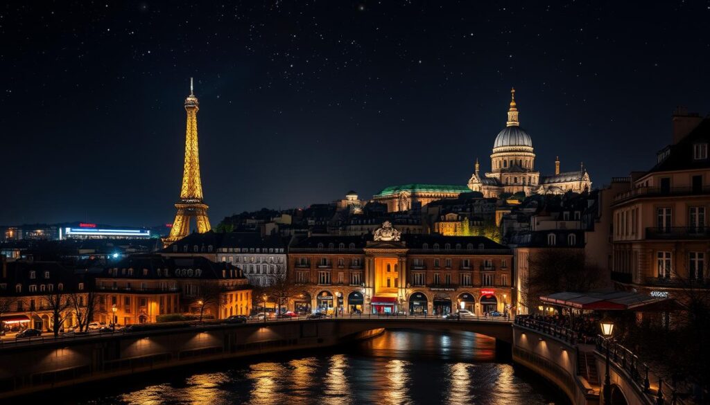 A cityscape of Paris arrondissements at night, with the iconic landmarks of the Eiffel Tower, Notre-Dame Cathedral, and Sacré-Cœur Basilica illuminated against a starry sky. The city streets are alive with the warm glow of cafe windows and the soft shine of street lamps, casting a romantic, atmospheric light across the urban landscape. In the foreground, the winding Seine River reflects the shimmering lights, while in the middle ground, the charming, historic buildings of the city's arrondissements rise up, their architectural details and facades highlighted by the nighttime illumination. The overall mood is one of wonder, beauty, and the alluring ambiance of the City of Light. A cityscape of Paris arrondissements at night, with the iconic landmarks of the Eiffel Tower, Notre-Dame Cathedral, and Sacré-Cœur Basilica illuminated against a starry sky. The city streets are alive with the warm glow of cafe windows and the soft shine of street lamps, casting a romantic, atmospheric light across the urban landscape. In the foreground, the winding Seine River reflects the shimmering lights, while in the middle ground, the charming, historic buildings of the city's arrondissements rise up, their architectural details and facades highlighted by the nighttime illumination. The overall mood is one of wonder, beauty, and the alluring ambiance of the City of Light.