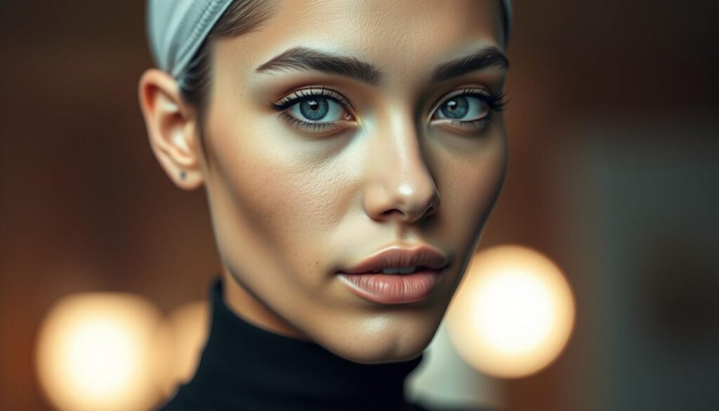 A close-up portrait of a stylized digital artist, their face meticulously retouched using advanced AI-powered editing techniques. Soft, natural lighting accentuates the subject's refined features, as if captured through a high-quality portrait lens. The background is blurred, placing the focus entirely on the subject's expressive yet flawless visage. An air of creative inspiration and technical mastery radiates from the portrait, hinting at the transformative power of modern photo editing tools.