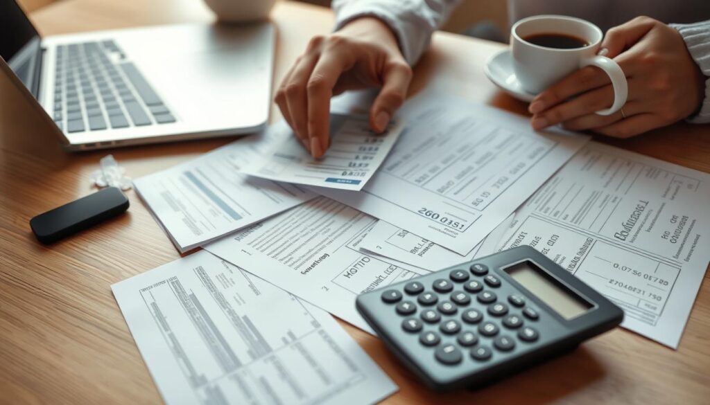 A close-up view of a person's hands meticulously organizing various financial documents, receipts, and a calculator on a wooden desk. The lighting is soft and diffused, creating a warm and contemplative atmosphere. In the background, a laptop and a cup of coffee suggest a focused work environment. The overall scene conveys the careful planning and attention to detail required when defining one's budget and exploring financing options for a major purchase, such as a car.