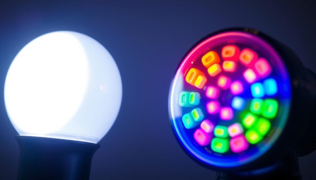 A close-up view of two adjacent LED light bulbs, one emitting a single bright white light and the other radiating a vibrant spectrum of multicolored illumination. The scene is captured in high-resolution, with a shallow depth of field that focuses attention on the distinct lighting profiles. Subtle shadows and highlights accentuate the textural details of the LED components, conveying a sense of technical precision. The background is muted and minimalist, allowing the LED lights to take center stage and showcase the contrast between the monochromatic and RGB color options.