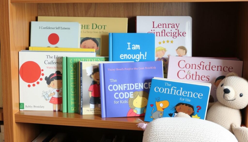 A collection of children's books about confidence and self-esteem arranged attractively on a bookshelf A collection of children's books about confidence and self-esteem arranged attractively on a bookshelf