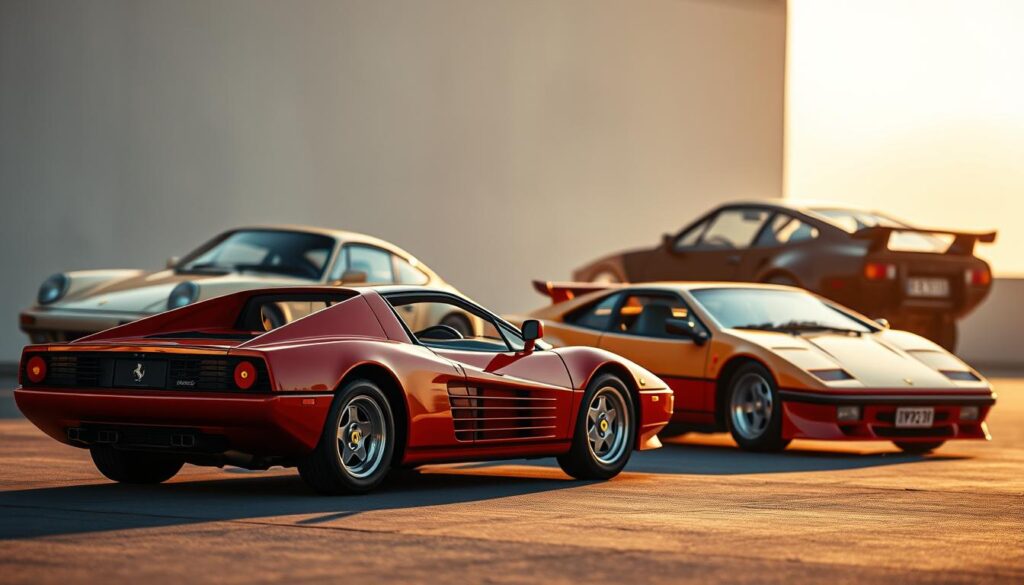 A collection of iconic sports car models from the past century, captured in an alluring, realistic style. In the foreground, a sleek and curvaceous Ferrari Testarossa gleams under warm, golden lighting, its sharp edges and bold design exuding power and elegance. In the middle ground, a vintage Porsche 911 Turbo sits poised, its distinctive silhouette and timeless appeal showcased against a slightly blurred background. Further back, a Lamborghini Countach looms, its angular and futuristic form a testament to the daring and innovative spirit of its era. The image is shot with a shallow depth of field, creating a sense of depth and focus, drawing the viewer's eye to the stunning details of these legendary automobiles.