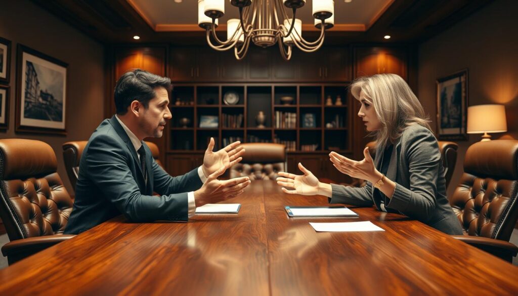 A conference room with a large, elegant wooden table. Two businesspeople, a man and a woman, are engaged in a intense yet thoughtful negotiation, gesturing animatedly. The lighting is warm and sophisticated, with a chandelier casting a soft glow. The room is accented with plush leather chairs, framed art on the walls, and a bookshelf in the background, conveying an atmosphere of professionalism and success. The mood is one of determination, focus, and the potential for a mutually beneficial outcome.