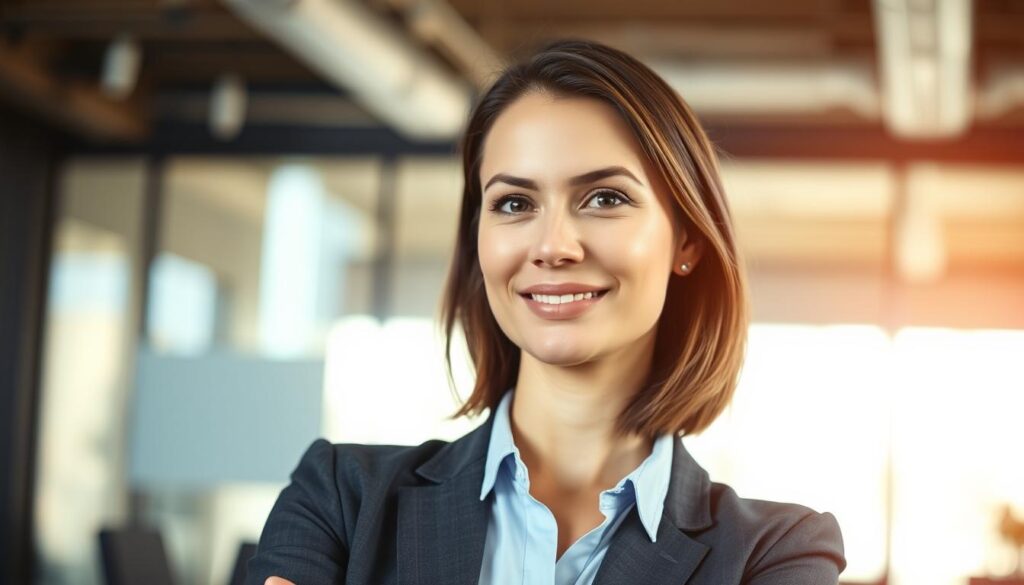A confident job applicant sits in a well-lit office, their body language projecting poise and self-assurance. The background is a blurred professional setting, hinting at the gravity of the interview situation. Soft, natural lighting illuminates the applicant's face, creating a warm, approachable atmosphere. The applicant's gaze is direct and engaging, conveying a sense of preparation and composure. The overall scene evokes a sense of control and mastery, reflecting the strategies and techniques needed to ace a job interview with confidence.