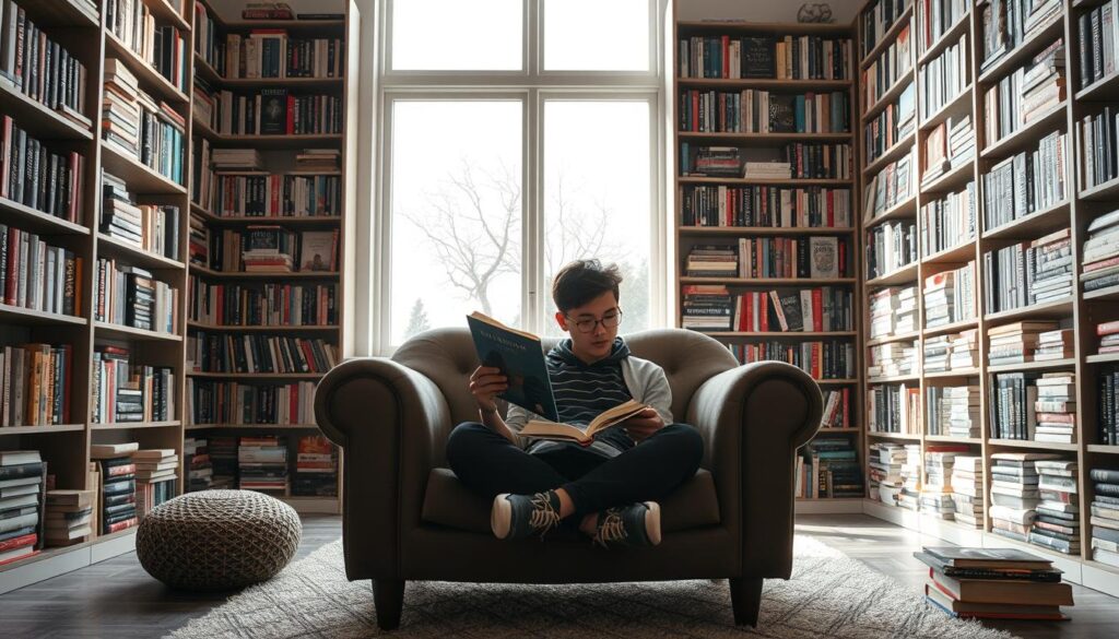 A contemporary young adult literature scene: a cozy, well-lit room with floor-to-ceiling bookshelves, featuring a diverse selection of modern novel covers in vibrant colors and minimalist designs. In the foreground, a young person, casually dressed, sits cross-legged on a plush armchair, immersed in a book, their face illuminated by a soft, natural light filtering through a large window. The background features muted tones, creating a serene, contemplative atmosphere, encouraging the viewer to pause and engage with the captivating narratives that represent the diverse voices and perspectives of today's young adult literary landscape.