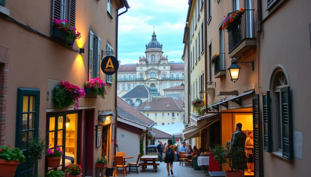 A cozy European hostel nestled in a charming old-world street, its facade adorned with colorful flower boxes and quaint signage. Warm, diffused lighting spills through the windows, inviting weary travelers to step inside and discover a welcoming common area with eclectic furnishings and fellow backpackers sharing stories. In the background, the historic architecture of a European city skyline creates a picturesque setting, hinting at the cultural richness and budget-friendly adventures that await. A cozy European hostel nestled in a charming old-world street, its facade adorned with colorful flower boxes and quaint signage. Warm, diffused lighting spills through the windows, inviting weary travelers to step inside and discover a welcoming common area with eclectic furnishings and fellow backpackers sharing stories. In the background, the historic architecture of a European city skyline creates a picturesque setting, hinting at the cultural richness and budget-friendly adventures that await.