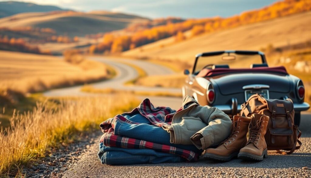 A cozy autumn day, a winding country road winding through golden fields. In the foreground, a neatly folded pile of road trip essentials - a soft flannel shirt, comfortable jeans, and a lightweight jacket. Nearby, a pair of well-worn hiking boots and a durable backpack, ready for adventures. In the middle ground, a classic convertible car, its roof down, inviting the gentle breeze. The background features rolling hills, dotted with vibrant fall foliage, casting a warm, golden glow over the scene. The lighting is soft and natural, capturing the tranquil, adventurous spirit of the perfect road trip outfit. A cozy autumn day, a winding country road winding through golden fields. In the foreground, a neatly folded pile of road trip essentials - a soft flannel shirt, comfortable jeans, and a lightweight jacket. Nearby, a pair of well-worn hiking boots and a durable backpack, ready for adventures. In the middle ground, a classic convertible car, its roof down, inviting the gentle breeze. The background features rolling hills, dotted with vibrant fall foliage, casting a warm, golden glow over the scene. The lighting is soft and natural, capturing the tranquil, adventurous spirit of the perfect road trip outfit.
