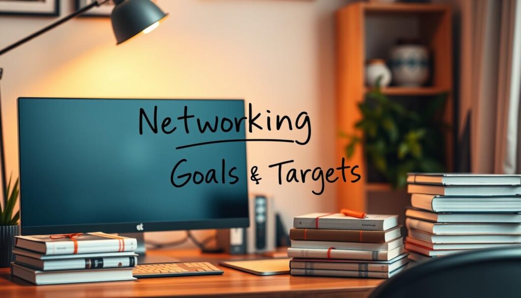 A cozy home office scene with a desktop computer, stacks of networking books, and a whiteboard displaying "Networking Goals" and "Targets" in clean handwriting. Warm lighting from a desk lamp illuminates the space, creating a focused and productive atmosphere. The background blurs into a soft gradient, allowing the networking elements to take center stage. The composition is balanced and visually appealing, capturing the essence of setting goals and targets for effective networking. A cozy home office scene with a desktop computer, stacks of networking books, and a whiteboard displaying "Networking Goals" and "Targets" in clean handwriting. Warm lighting from a desk lamp illuminates the space, creating a focused and productive atmosphere. The background blurs into a soft gradient, allowing the networking elements to take center stage. The composition is balanced and visually appealing, capturing the essence of setting goals and targets for effective networking.