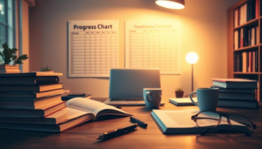 A cozy home office with a wooden desk, a stack of books, and a progress tracking chart on the wall. Soft, warm lighting illuminates the scene, creating a focused and productive atmosphere. In the foreground, a pen hovers over the tracking chart, ready to mark the reader's progress. The middle ground features a laptop, a cup of coffee, and a pair of reading glasses, suggesting an active engagement with the reading material. The background showcases a bookshelf filled with volumes, conveying a sense of knowledge and learning. The overall composition emphasizes the importance of setting goals and monitoring progress in building a consistent reading habit.