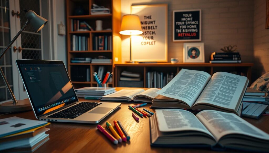 A cozy home study space with a laptop, open textbooks, and colorful stationery scattered across a wooden desk. Soft, warm lighting from a desk lamp casts a comforting glow, creating an atmosphere of focused productivity. In the background, a bookshelf filled with reference materials and a framed motivational quote stands as a reminder of the student's determination. The angle captures the scene from a slightly elevated perspective, giving a sense of order and organization amidst the last-minute revision process.