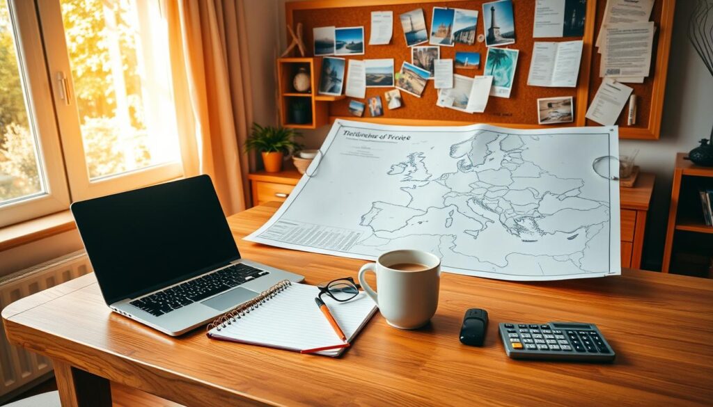 A cozy home workspace with a laptop, notebook, and a map of Europe spread out on a wooden table, illuminated by warm natural light from a large window. In the background, a corkboard displays travel photos, airline tickets, and budget planning notes. On the table, a mug of coffee, a pair of reading glasses, and a calculator symbolize the process of budgeting and itinerary planning for a European adventure. The overall atmosphere conveys a sense of focused, organized, and intentional travel preparation. A cozy home workspace with a laptop, notebook, and a map of Europe spread out on a wooden table, illuminated by warm natural light from a large window. In the background, a corkboard displays travel photos, airline tickets, and budget planning notes. On the table, a mug of coffee, a pair of reading glasses, and a calculator symbolize the process of budgeting and itinerary planning for a European adventure. The overall atmosphere conveys a sense of focused, organized, and intentional travel preparation.