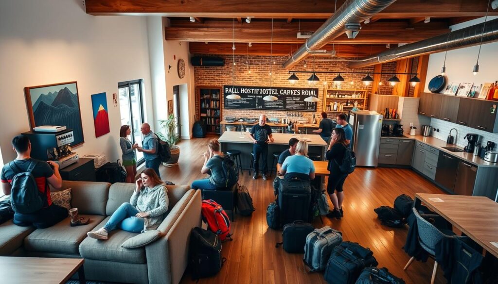 A cozy hostel lobby with plush seating, a stylish coffee bar, and vibrant wall art. Travelers mingle and recharge in a welcoming, social atmosphere. Wooden floors and exposed beams create a rustic, budget-friendly ambiance. Soft lighting casts a warm glow, while large windows let in natural light. In the background, a communal kitchen with stainless steel appliances and sleek countertops. Backpacks, hiking gear, and luggage scattered throughout, capturing the essence of budget-conscious adventurers. An inviting, comfortable space that caters to the needs of the savvy, modern hostel guest. A cozy hostel lobby with plush seating, a stylish coffee bar, and vibrant wall art. Travelers mingle and recharge in a welcoming, social atmosphere. Wooden floors and exposed beams create a rustic, budget-friendly ambiance. Soft lighting casts a warm glow, while large windows let in natural light. In the background, a communal kitchen with stainless steel appliances and sleek countertops. Backpacks, hiking gear, and luggage scattered throughout, capturing the essence of budget-conscious adventurers. An inviting, comfortable space that caters to the needs of the savvy, modern hostel guest.
