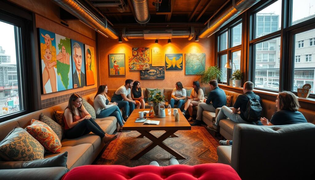A cozy hostel lounge with plush seating, warm lighting, and a communal atmosphere. Backpackers gather around a central table, engaged in friendly conversation and exchanging travel stories. Colorful artwork adorns the walls, creating a vibrant and inviting ambiance. Large windows offer a glimpse of the bustling city outside, while the interior exudes a sense of comfort and camaraderie. A blend of modern and rustic design elements, creating a space that is both practical and visually appealing for budget-conscious travelers seeking a memorable hostel experience. A cozy hostel lounge with plush seating, warm lighting, and a communal atmosphere. Backpackers gather around a central table, engaged in friendly conversation and exchanging travel stories. Colorful artwork adorns the walls, creating a vibrant and inviting ambiance. Large windows offer a glimpse of the bustling city outside, while the interior exudes a sense of comfort and camaraderie. A blend of modern and rustic design elements, creating a space that is both practical and visually appealing for budget-conscious travelers seeking a memorable hostel experience.