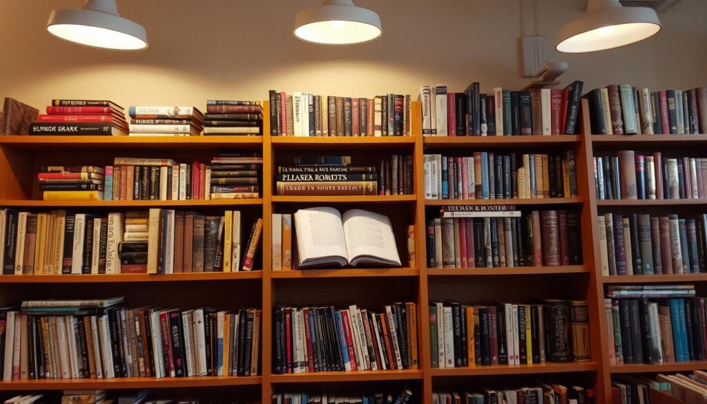 A cozy library setting with a well-curated selection of hardcover and paperback books arranged on warm-toned wooden shelves. The books feature a range of genres and subjects, with some books open, showcasing their pages. Soft, diffused lighting from overhead fixtures creates a welcoming atmosphere, casting gentle shadows and highlights on the books and their covers. The scene has a nostalgic, inviting feel, encouraging the viewer to explore and discover new literary treasures. The focus is on the books themselves, presenting them as the main subject, with minimal distractions in the background. A cozy library setting with a well-curated selection of hardcover and paperback books arranged on warm-toned wooden shelves. The books feature a range of genres and subjects, with some books open, showcasing their pages. Soft, diffused lighting from overhead fixtures creates a welcoming atmosphere, casting gentle shadows and highlights on the books and their covers. The scene has a nostalgic, inviting feel, encouraging the viewer to explore and discover new literary treasures. The focus is on the books themselves, presenting them as the main subject, with minimal distractions in the background.