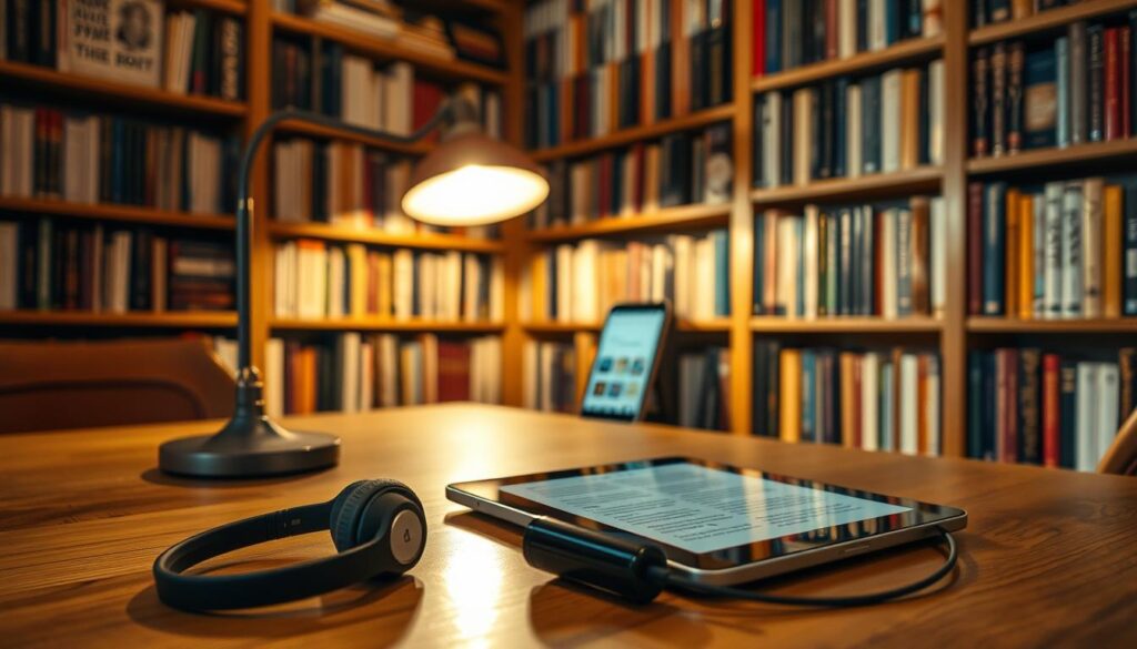 A cozy study, illuminated by warm, soft lighting from a desk lamp. In the foreground, a tablet and a pair of wireless headphones rest on a wooden table, signifying the integration of technology into the reading experience. In the middle ground, a smartphone displays the interface of a popular reading app, its screen casting a gentle glow. Bookshelves line the walls, filled with a diverse collection of physical volumes, reflecting the balance between digital and traditional reading mediums. The atmosphere is one of quiet contemplation, inviting the viewer to immerse themselves in the pleasure of reading, enhanced by the convenience and versatility of modern technology.