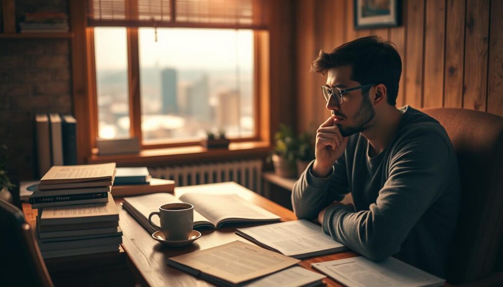 A cozy study nook with a desk and chair, illuminated by warm, soft lighting. On the desk, scattered notes, textbooks, and a steaming cup of coffee, creating a contemplative atmosphere. In the background, a window overlooking a serene, blurred cityscape, suggesting a momentary respite from the stress of exam preparation. The focal point is a person, deep in thought, their expression a mix of determination and weariness, reflecting the challenges of navigating the exam season.