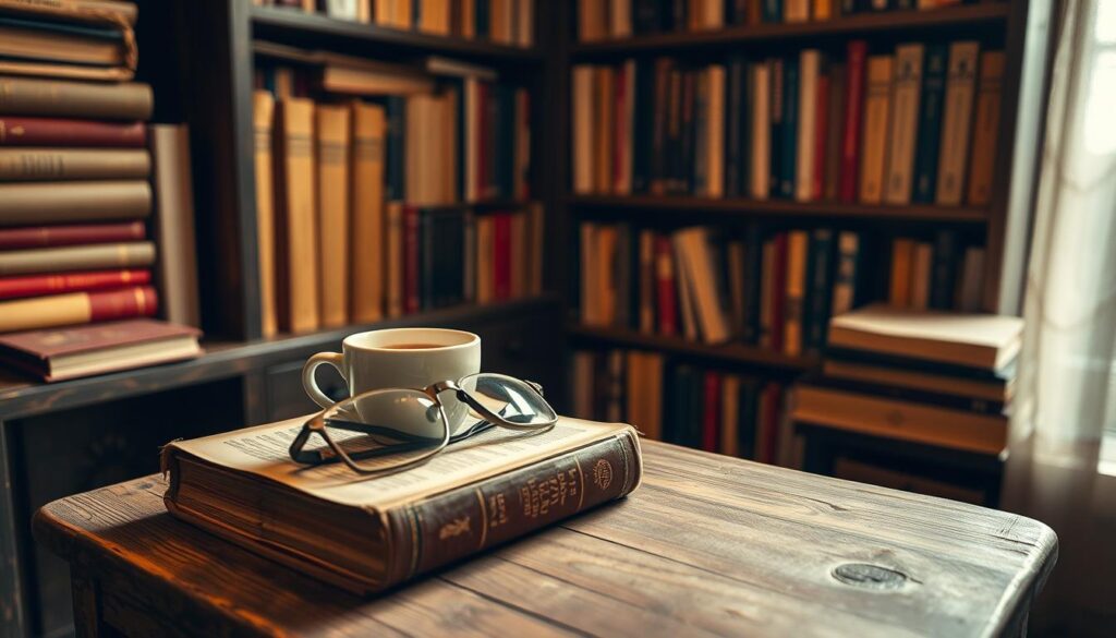 A cozy study nook with a well-worn hardcover book, a pair of reading glasses, and a cup of steaming coffee resting on a rustic wooden table. Soft, warm lighting illuminates the scene, casting a gentle glow. In the background, bookshelves filled with volumes of various sizes and colors create a sense of depth and knowledge. The overall atmosphere conveys the essence of contemplative learning and the joy of immersing oneself in the written word.