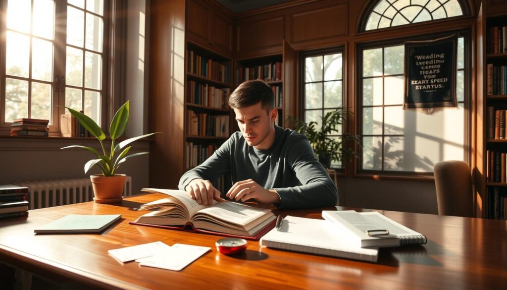 A cozy study room with abundant natural light streaming through large windows. In the foreground, a person sitting at a desk, intently focused on a book in front of them. On the desk, various reading speed exercise materials are neatly arranged - flashcards, a stopwatch, and a notebook. Bookshelves line the walls, creating a scholarly atmosphere. The lighting is soft and warm, reflecting off the polished wood surfaces. A potted plant adds a touch of greenery, while a inspirational wall hanging provides a subtle motivational element. The overall scene conveys a sense of productivity, concentration, and a commitment to improving reading skills.