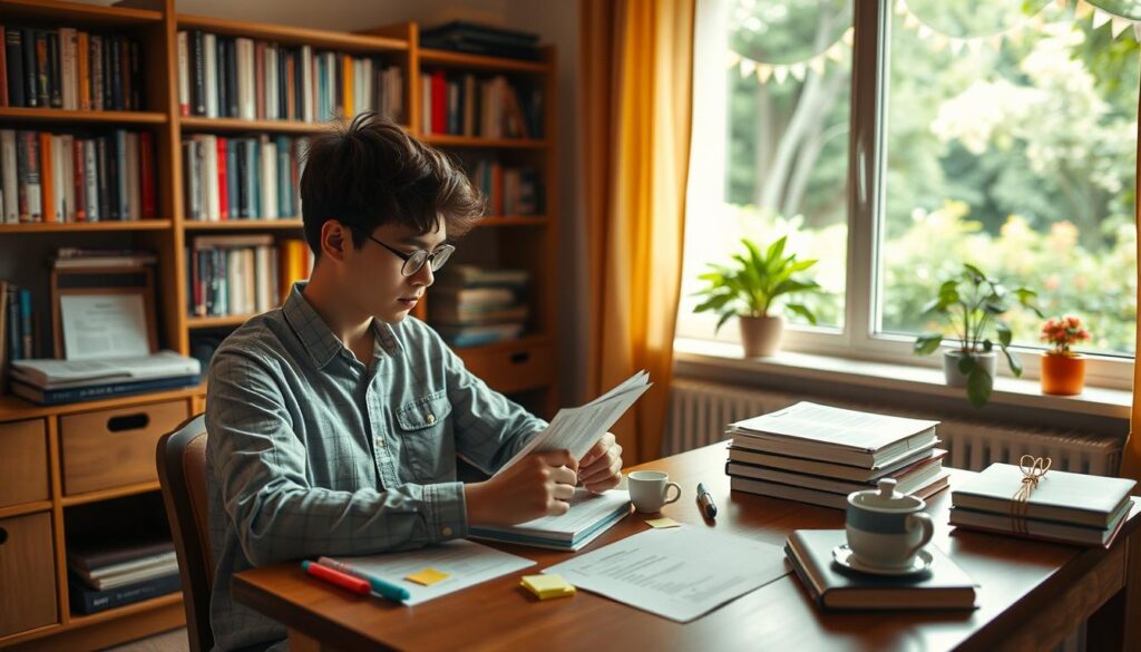 A cozy study room with warm lighting and a serene atmosphere. In the foreground, a student sits at a wooden desk, intently studying various memorization techniques, such as mind maps, flashcards, and mnemonic devices. On the desk, carefully arranged study materials, including highlighters, sticky notes, and a cup of tea. The middle ground features a bookshelf filled with educational resources, and a window overlooking a lush, peaceful garden. The background is softly blurred, creating a sense of focus and concentration on the student's learning process.