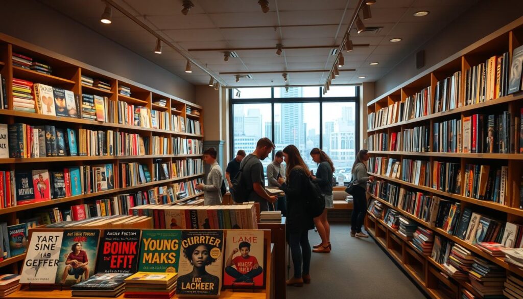 A cozy, well-lit bookstore interior, with shelves lining the walls, showcasing a diverse array of colorful book covers. In the foreground, a display table features a curated selection of trending young adult fiction, featuring contemporary covers with bold typography and eye-catching illustrations. Soft, diffused lighting creates a warm and inviting atmosphere, while the middle ground is filled with teens and young adults browsing the shelves, immersed in their reading. The background features a large window, letting in natural light and offering a glimpse of the bustling city outside, hinting at the wider world of ideas and experiences that these books represent.