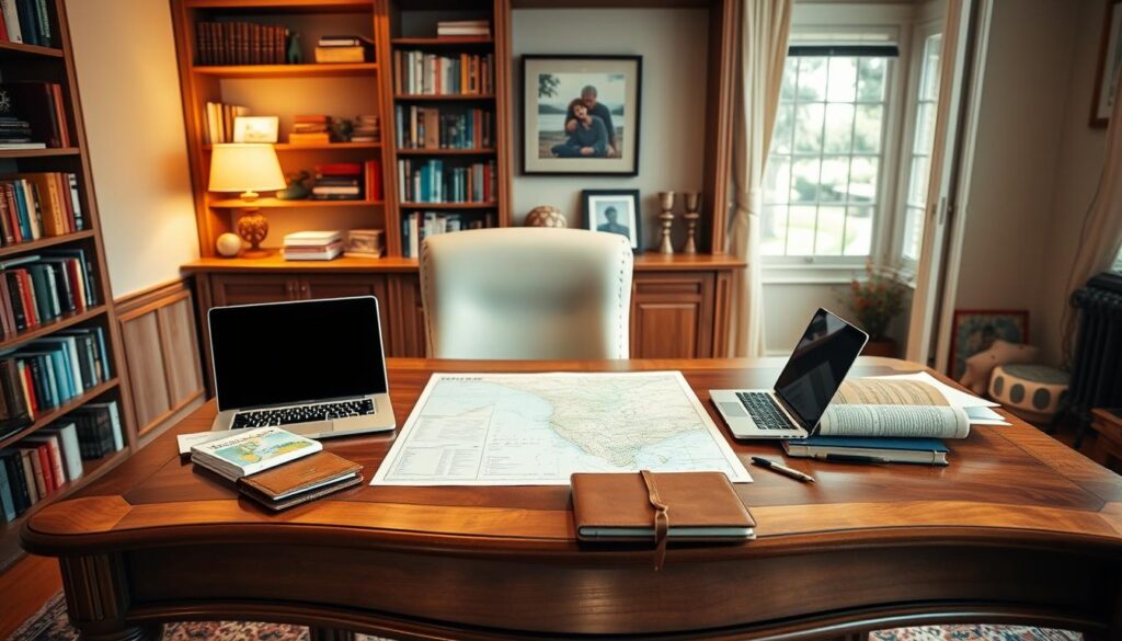 A cozy, well-lit home office, with a large, elegant wooden desk as the focal point. On the desk, a neatly organized array of family vacation planning essentials - a map, travel brochures, a laptop, a tablet, and a leather-bound journal. Soft, warm lighting bathes the scene, creating a sense of comfort and productivity. In the background, shelves filled with books and framed family photos suggest a welcoming, lived-in space. The overall atmosphere conveys a sense of intentional preparation and excitement for the upcoming family adventure. A cozy, well-lit home office, with a large, elegant wooden desk as the focal point. On the desk, a neatly organized array of family vacation planning essentials - a map, travel brochures, a laptop, a tablet, and a leather-bound journal. Soft, warm lighting bathes the scene, creating a sense of comfort and productivity. In the background, shelves filled with books and framed family photos suggest a welcoming, lived-in space. The overall atmosphere conveys a sense of intentional preparation and excitement for the upcoming family adventure.