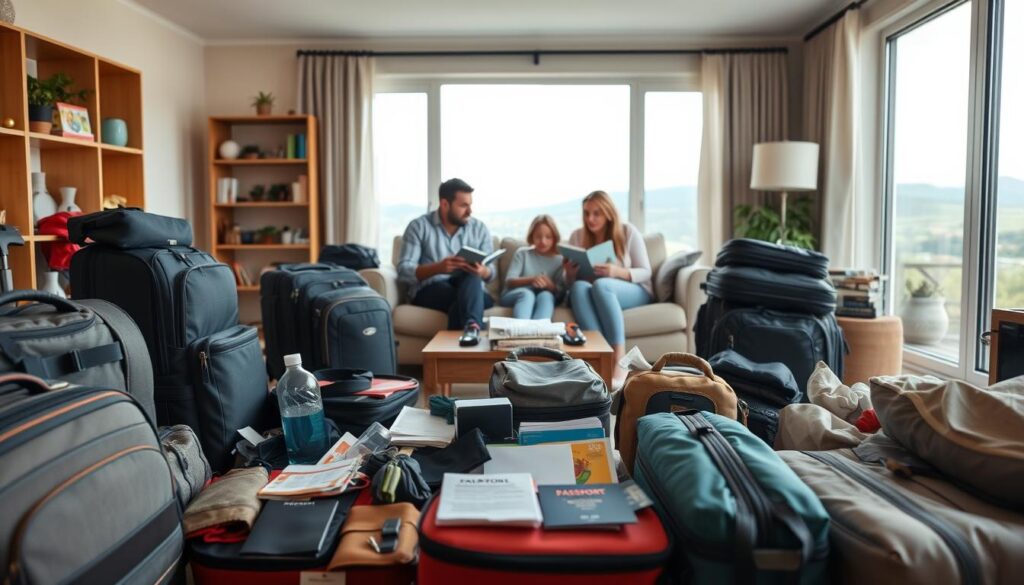 A cozy, well-lit living room filled with various family travel essentials. In the foreground, a neatly organized collection of luggage, backpacks, and essential items such as passport holders, travel documents, and a first-aid kit. In the middle ground, a family sitting on a comfortable sofa, discussing their upcoming trip and double-checking their packing list. The background features large windows overlooking a scenic landscape, creating a warm and inviting atmosphere. The lighting is soft and natural, highlighting the textures and colors of the travel items. The overall scene conveys a sense of preparation, anticipation, and a family's readiness for a stress-free journey. A cozy, well-lit living room filled with various family travel essentials. In the foreground, a neatly organized collection of luggage, backpacks, and essential items such as passport holders, travel documents, and a first-aid kit. In the middle ground, a family sitting on a comfortable sofa, discussing their upcoming trip and double-checking their packing list. The background features large windows overlooking a scenic landscape, creating a warm and inviting atmosphere. The lighting is soft and natural, highlighting the textures and colors of the travel items. The overall scene conveys a sense of preparation, anticipation, and a family's readiness for a stress-free journey.