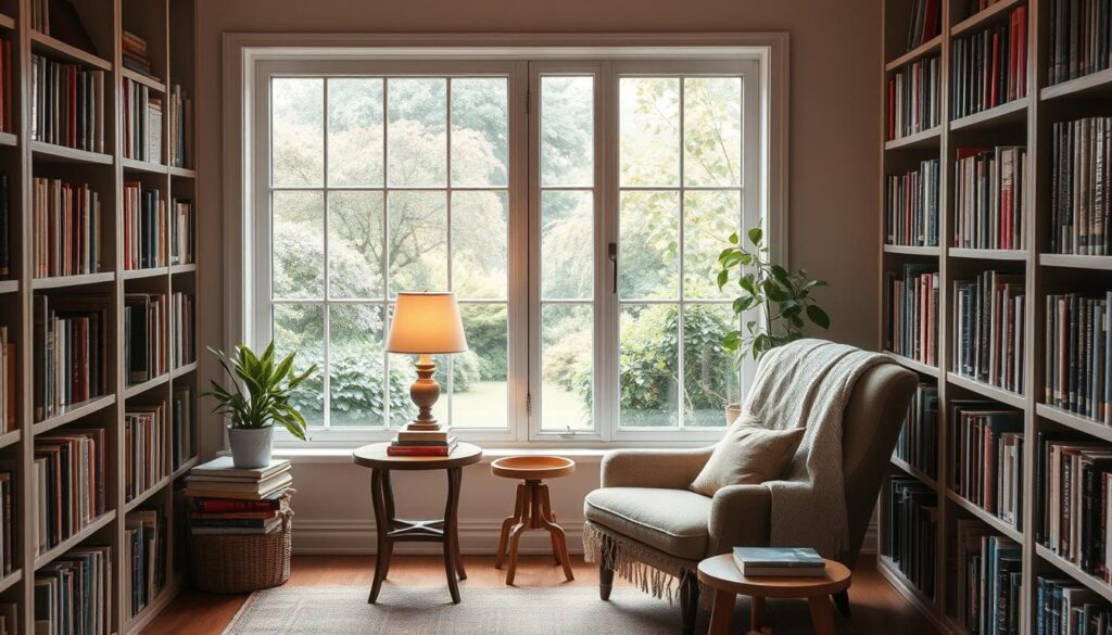 A cozy, well-lit reading nook with a comfortable armchair, a soft throw blanket, and a wooden side table holding a stack of books and a reading lamp. The space is framed by a large window overlooking a tranquil garden, allowing natural light to flood the area. Bookshelves line the walls, filled with a curated collection of literature. The overall atmosphere is serene, inviting, and conducive to focused, uninterrupted reading.