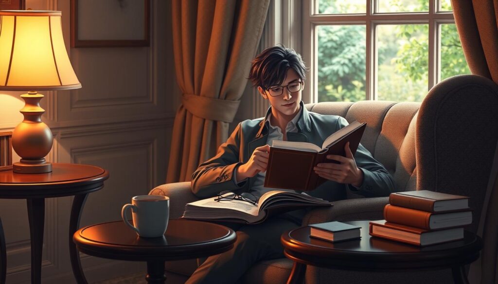 A cozy, well-lit study with a plush armchair and a side table holding a mug of hot tea. On the table, an open book, reading glasses, and a small stack of other books waiting to be explored. Soft, warm lighting from a nearby lamp casts a gentle glow, creating a peaceful, contemplative atmosphere. The protagonist, dressed in comfortable yet refined attire, is deeply immersed in the pages, their expression one of focus and contentment. Through the window, a view of a lush, green garden, hinting at the tranquility of the moment. The overall scene conveys a sense of daily ritual, a cherished time set aside for personal growth and relaxation.