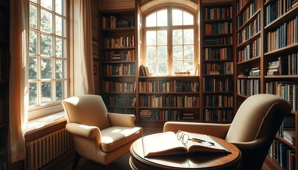 A cozy, well-lit study with an armchair and a wooden side table. On the table, an open book and a pair of reading glasses, suggesting the quiet pleasure of an intellectual pursuit. Sunlight streams in through a window, casting a warm glow on the scene. The walls are lined with bookshelves, hinting at the vast world of knowledge and imagination at the reader's fingertips. The atmosphere is one of contemplation and tranquility, inviting the viewer to pause and consider the benefits of a regular reading habit.
