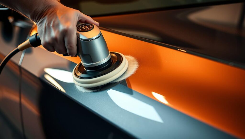 A detailed, close-up view of a person's hands using a high-speed rotary polisher to apply a premium car polish to the smooth, glossy surface of a luxury sedan. The motion is focused and deliberate, with the polisher's spinning pad evenly distributing the creamy, shimmering polish across the vehicle's panel. Bright, diffused lighting from a large softbox illuminates the scene, casting a warm, even glow and highlighting the glossy finish. The background is blurred, placing the polishing action at the center of attention.