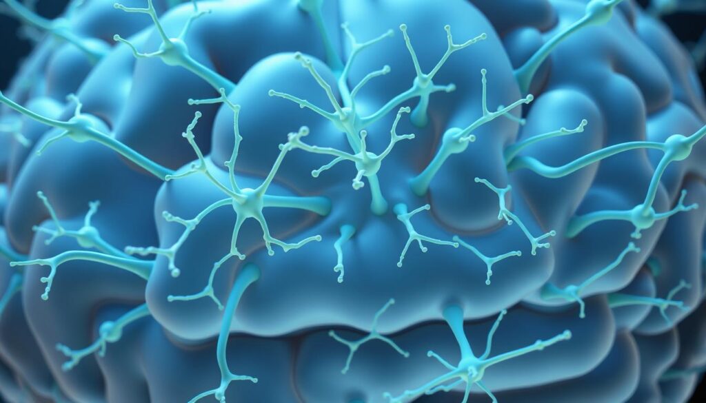 A detailed close-up view of the complex neural network within the human brain, illustrating the intricate connections and pathways that enable memory retention. The image should have a scientific and informative tone, showcasing the biological mechanisms underlying the ability to store and recall information. Soft blue and green hues should predominate, with a focus on the synaptic junctions and myelinated axons that facilitate efficient information transfer. The scene should be lit from above, creating subtle shadows and highlights to enhance the depth and three-dimensional qualities of the brain structures. The overall composition should convey a sense of order and interconnectedness, reflecting the underlying scientific principles of memory formation and consolidation.