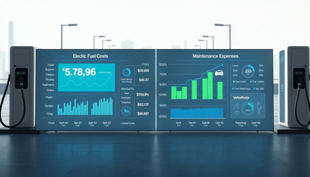 A detailed, data-driven comparison of fuel costs and maintenance expenses for electric and gasoline-powered vehicles. A sleek, modern design showcases key metrics side-by-side, using clean typography and intuitive visualizations. The foreground features a floating display with adjustable graphs and charts, while the background depicts a minimalist cityscape with electric charging stations and traditional gas pumps. Bright, neutral lighting creates a professional, informative atmosphere, with a slightly low camera angle to convey the authoritative nature of the data. The overall aesthetic is sophisticated, data-driven, and geared towards helping the viewer make an informed decision.