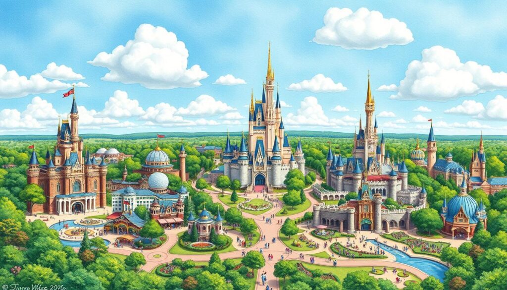 A detailed, hand-drawn map of the Disney World theme parks, with vibrant colors, lush vegetation, and iconic landmarks. The foreground showcases the parks' distinct areas, such as Magic Kingdom, Epcot, Hollywood Studios, and Animal Kingdom, each with its unique architectural styles and attractions. The middle ground features winding pathways, whimsical rides, and joyful guests exploring the enchanting landscapes. In the background, a serene blue sky with fluffy white clouds sets the perfect mood for a magical adventure. The image conveys a sense of wonder, excitement, and the boundless possibilities that await visitors at the "Happiest Place on Earth."