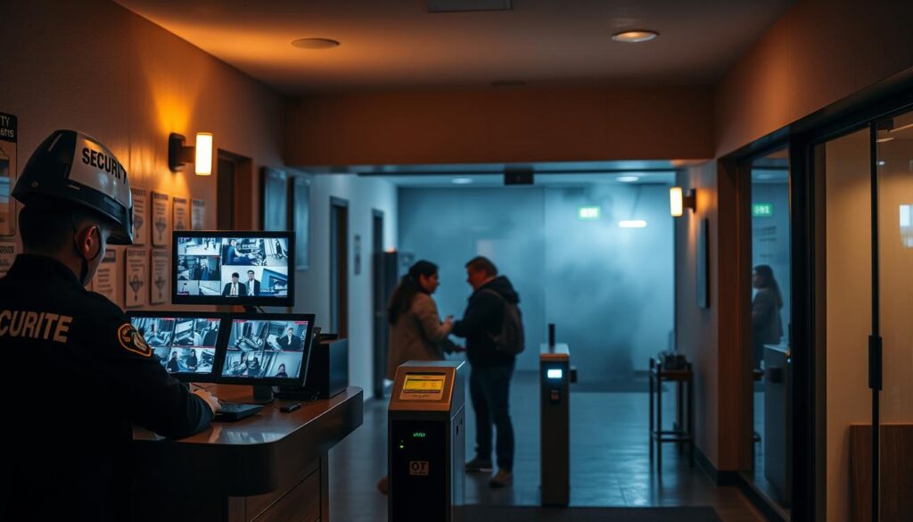 A dimly lit hostel lobby, with a security desk in the foreground. On the desk, a security guard monitors multiple screens displaying CCTV footage of the hostel's entry points and common areas. The walls are adorned with security signage, conveying a sense of vigilance and safety. In the middle ground, guests pass through a turnstile with an electronic access control system. The background is hazy, suggesting a cozy, inviting atmosphere, yet underscoring the importance of security measures in the hostel setting. The lighting is warm and subdued, creating a sense of reassurance and comfort for budget-conscious travelers. A dimly lit hostel lobby, with a security desk in the foreground. On the desk, a security guard monitors multiple screens displaying CCTV footage of the hostel's entry points and common areas. The walls are adorned with security signage, conveying a sense of vigilance and safety. In the middle ground, guests pass through a turnstile with an electronic access control system. The background is hazy, suggesting a cozy, inviting atmosphere, yet underscoring the importance of security measures in the hostel setting. The lighting is warm and subdued, creating a sense of reassurance and comfort for budget-conscious travelers.