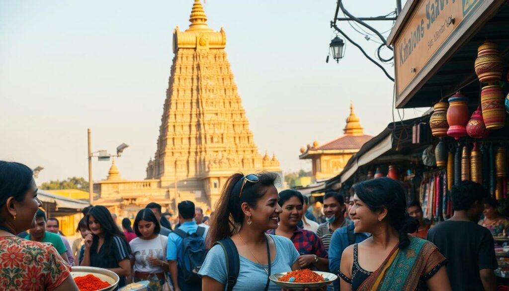 A diverse group of people immersed in local culture, experiencing vibrant sights, sounds, and flavors. A bustling street market in the foreground, with vendors offering handcrafted goods and aromatic spices. In the middle ground, locals and travelers interact, sharing laughter and conversation. The background features a towering, ornate temple, bathed in warm, golden light, symbolizing the depth and richness of the culture. The scene conveys a sense of wonder, discovery, and the profound benefits of genuine cultural immersion. A diverse group of people immersed in local culture, experiencing vibrant sights, sounds, and flavors. A bustling street market in the foreground, with vendors offering handcrafted goods and aromatic spices. In the middle ground, locals and travelers interact, sharing laughter and conversation. The background features a towering, ornate temple, bathed in warm, golden light, symbolizing the depth and richness of the culture. The scene conveys a sense of wonder, discovery, and the profound benefits of genuine cultural immersion.