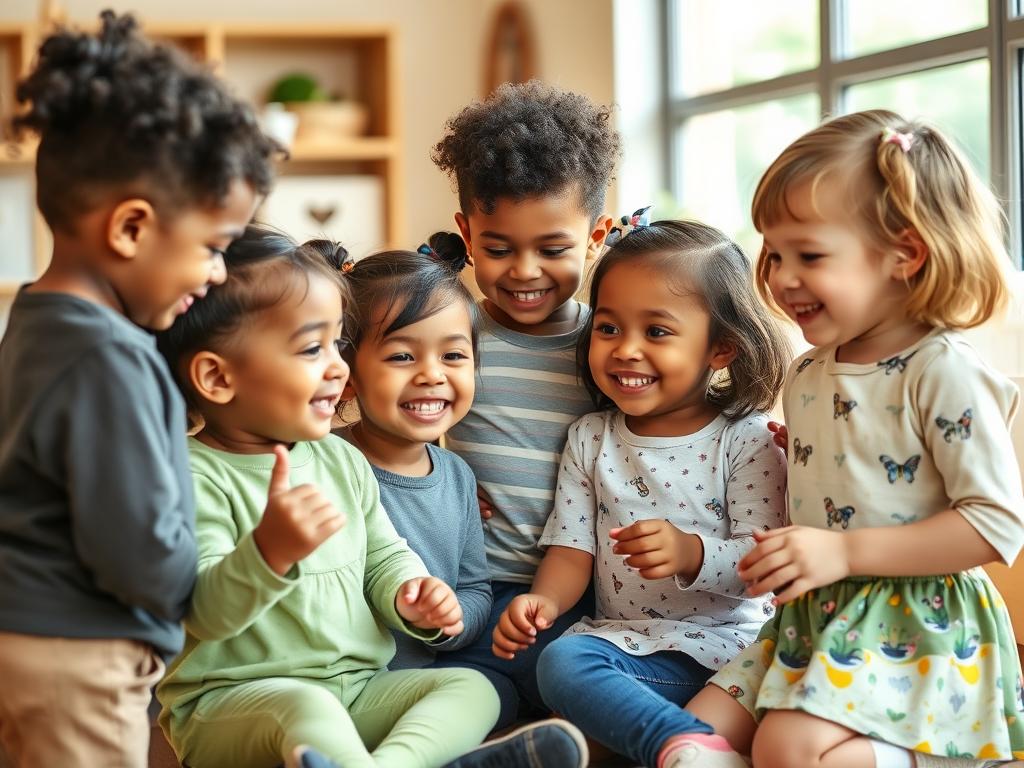 A diverse group of young children engaged in collaborative play, showing signs of confidence through their interactions and body language A diverse group of young children engaged in collaborative play, showing signs of confidence through their interactions and body language