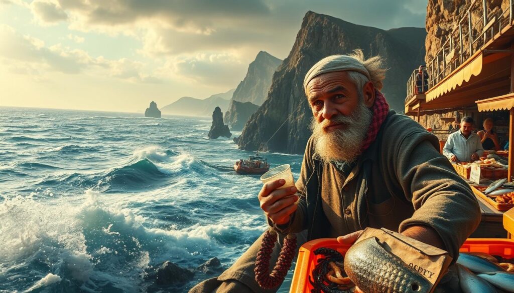 A dramatic seascape of epic seafood adventures unfolding along the rugged, windswept coastline. In the foreground, a weathered fisherman hauls in a bountiful catch, his weathered features illuminated by the golden glow of the setting sun. Waves crash against the rocky shores, sending up shimmering sprays. In the middle ground, a bustling open-air market showcases the day's freshest catches, with locals and visitors alike haggling for the finest specimens. The background is dominated by towering cliffs, their jagged silhouettes framing the boundless expanse of the open ocean, where schools of silvery fish leap and glimmer. The scene exudes a sense of timeless, salty authenticity, capturing the essence of the ocean's rich, bountiful offerings. A dramatic seascape of epic seafood adventures unfolding along the rugged, windswept coastline. In the foreground, a weathered fisherman hauls in a bountiful catch, his weathered features illuminated by the golden glow of the setting sun. Waves crash against the rocky shores, sending up shimmering sprays. In the middle ground, a bustling open-air market showcases the day's freshest catches, with locals and visitors alike haggling for the finest specimens. The background is dominated by towering cliffs, their jagged silhouettes framing the boundless expanse of the open ocean, where schools of silvery fish leap and glimmer. The scene exudes a sense of timeless, salty authenticity, capturing the essence of the ocean's rich, bountiful offerings.