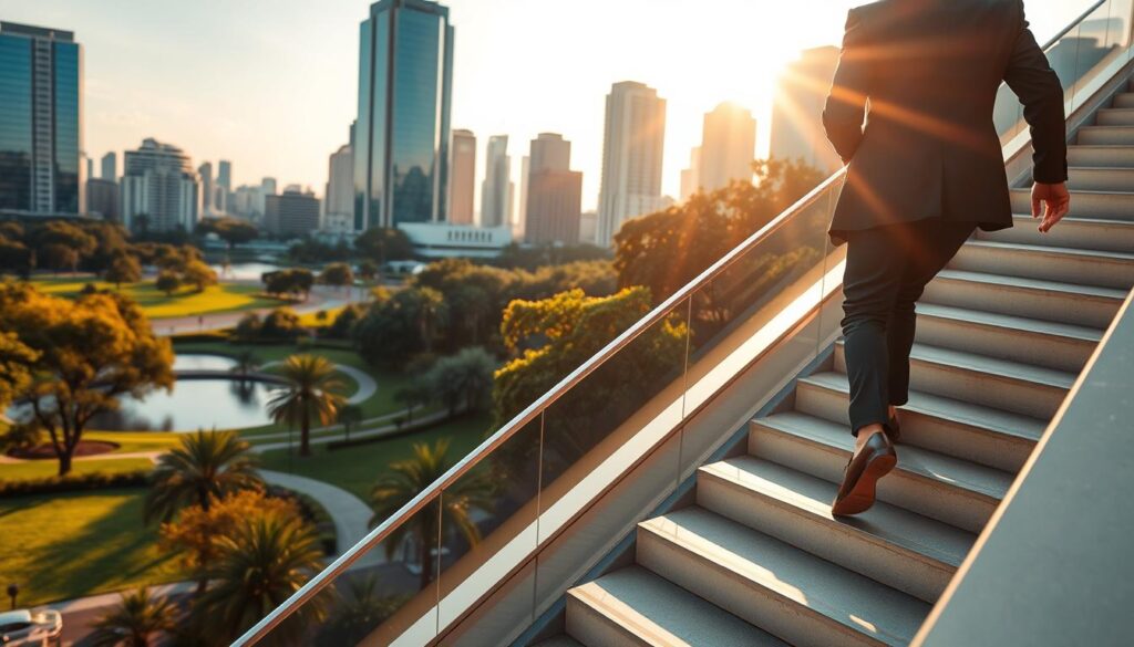 A dynamic cityscape illuminated by warm, natural lighting. In the foreground, a well-dressed professional ascends a sleek, modern staircase, symbolizing career progression. The middle ground features a bustling corporate office, with glass skyscrapers and thriving businesses. In the background, a serene park with lush greenery and a tranquil lake, representing the work-life balance and personal growth that accompanies professional advancement. The scene conveys a sense of opportunity, growth, and the multifaceted benefits of career development.