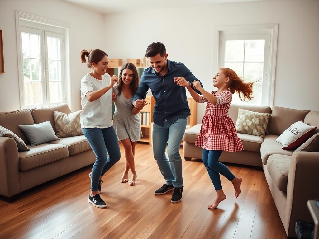 A family dancing together to fun dance songs for kids in their living room A family dancing together to fun dance songs for kids in their living room