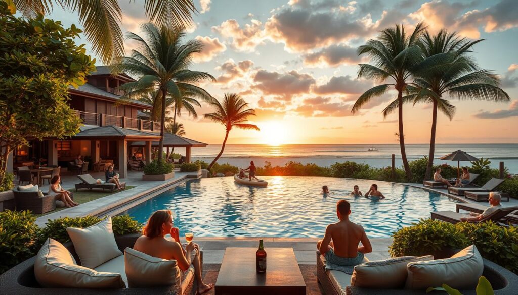 A family-friendly, adult-oriented resort nestled in a lush, tropical paradise. In the foreground, a well-appointed outdoor lounge area with plush seating, lush greenery, and a shimmering infinity pool reflecting the vibrant sunset. In the middle ground, couples and families enjoying various recreational activities - some sipping cocktails by the poolside, others participating in water sports or relaxing on sun loungers. The background showcases the resort's elegant architecture, blending seamlessly with the natural surroundings - palm trees sway gently, and a distant beach beckons with its pristine white sands. Warm, golden lighting casts a welcoming glow, creating an atmosphere of tranquility and relaxation.