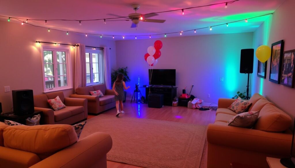 A family living room transformed into a dance party space with simple decorations A family living room transformed into a dance party space with simple decorations